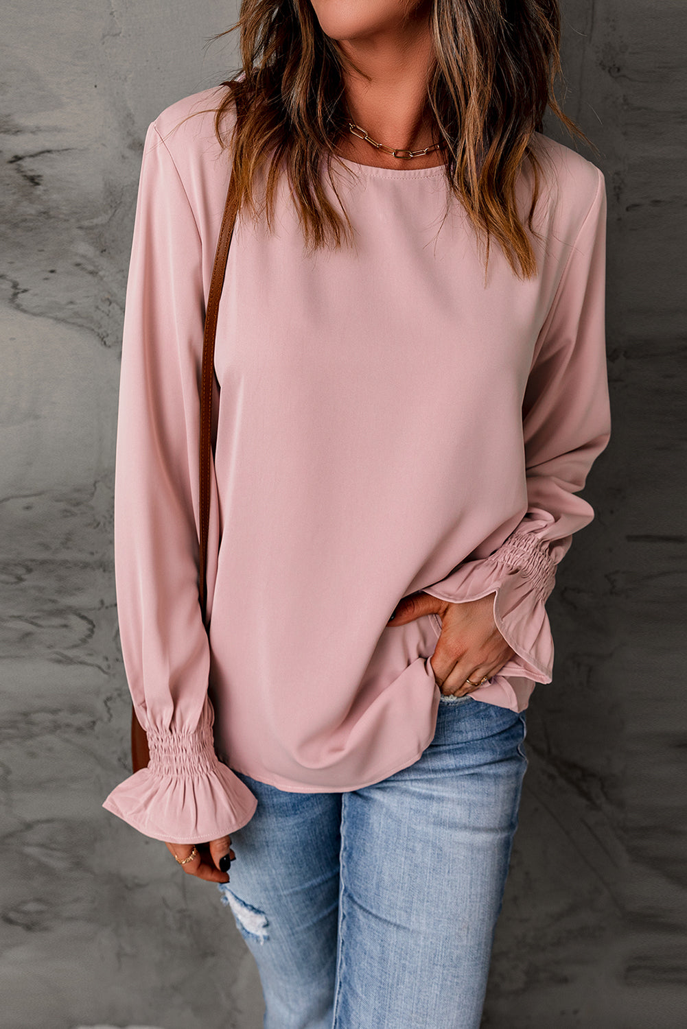 Solid Color Long Sleeved T shirt Women Spring Autumn round Neck Pullover Ruffled Puff Sleeve Top Women