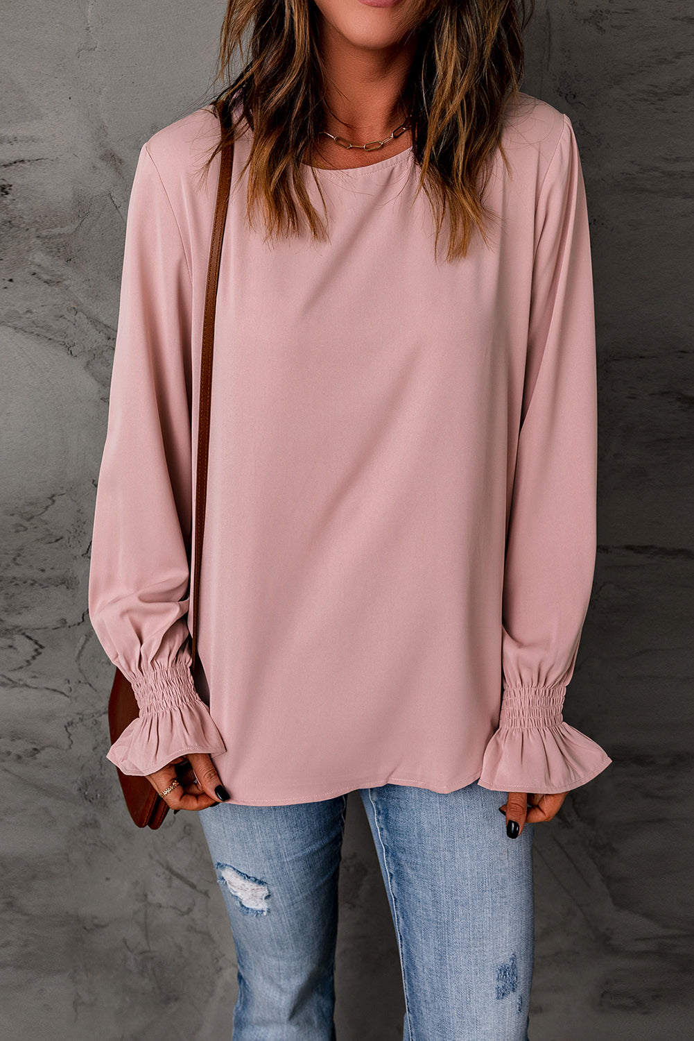 Solid Color Long Sleeved T shirt Women Spring Autumn round Neck Pullover Ruffled Puff Sleeve Top Women