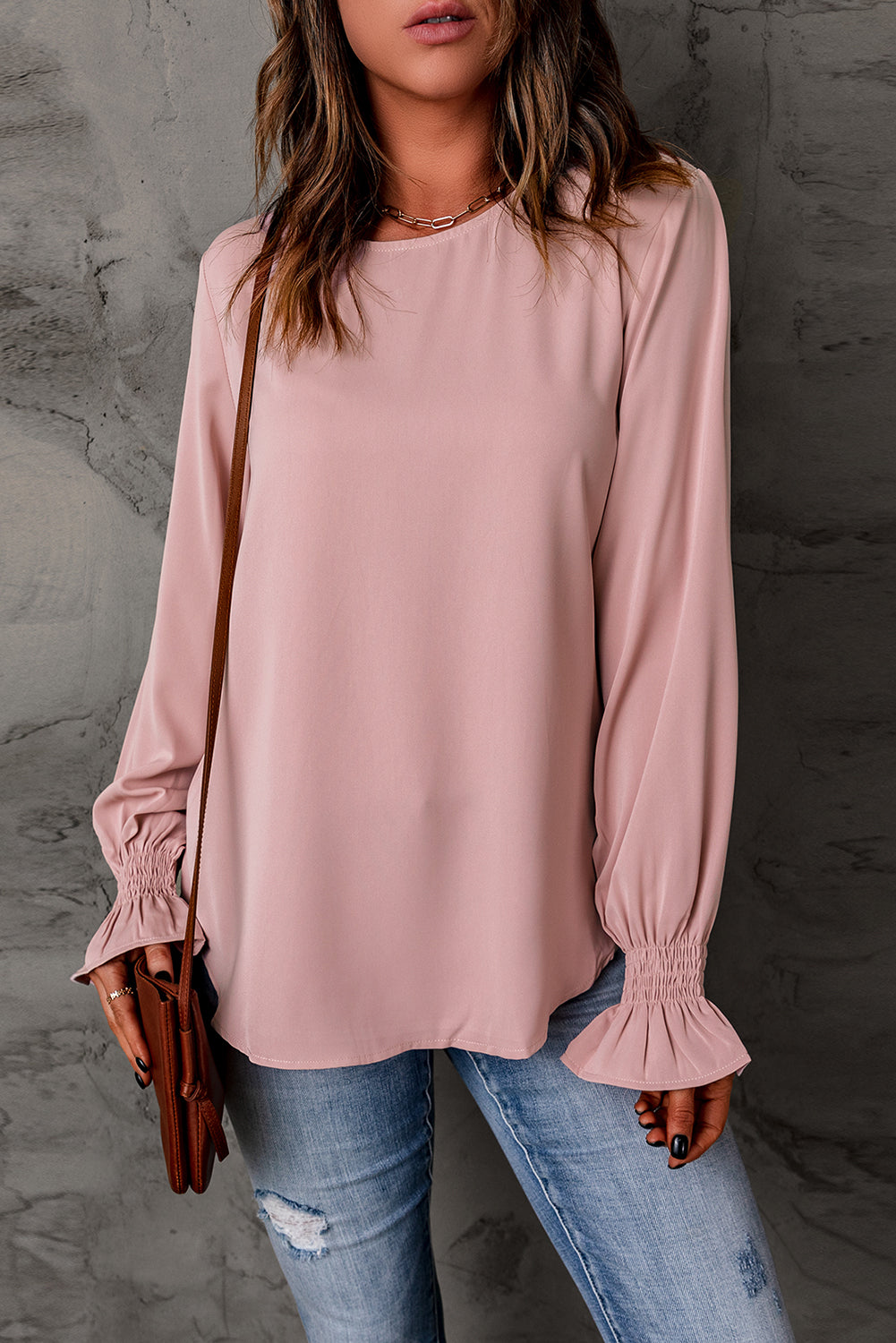 Solid Color Long Sleeved T shirt Women Spring Autumn round Neck Pullover Ruffled Puff Sleeve Top Women