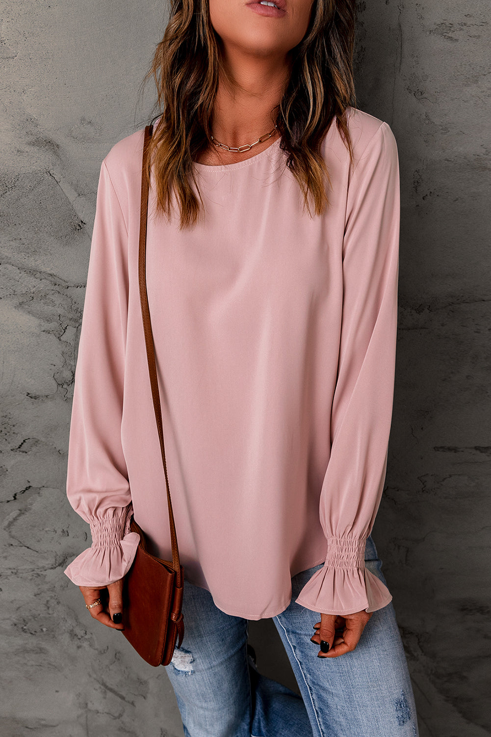 Solid Color Long Sleeved T shirt Women Spring Autumn round Neck Pullover Ruffled Puff Sleeve Top Women