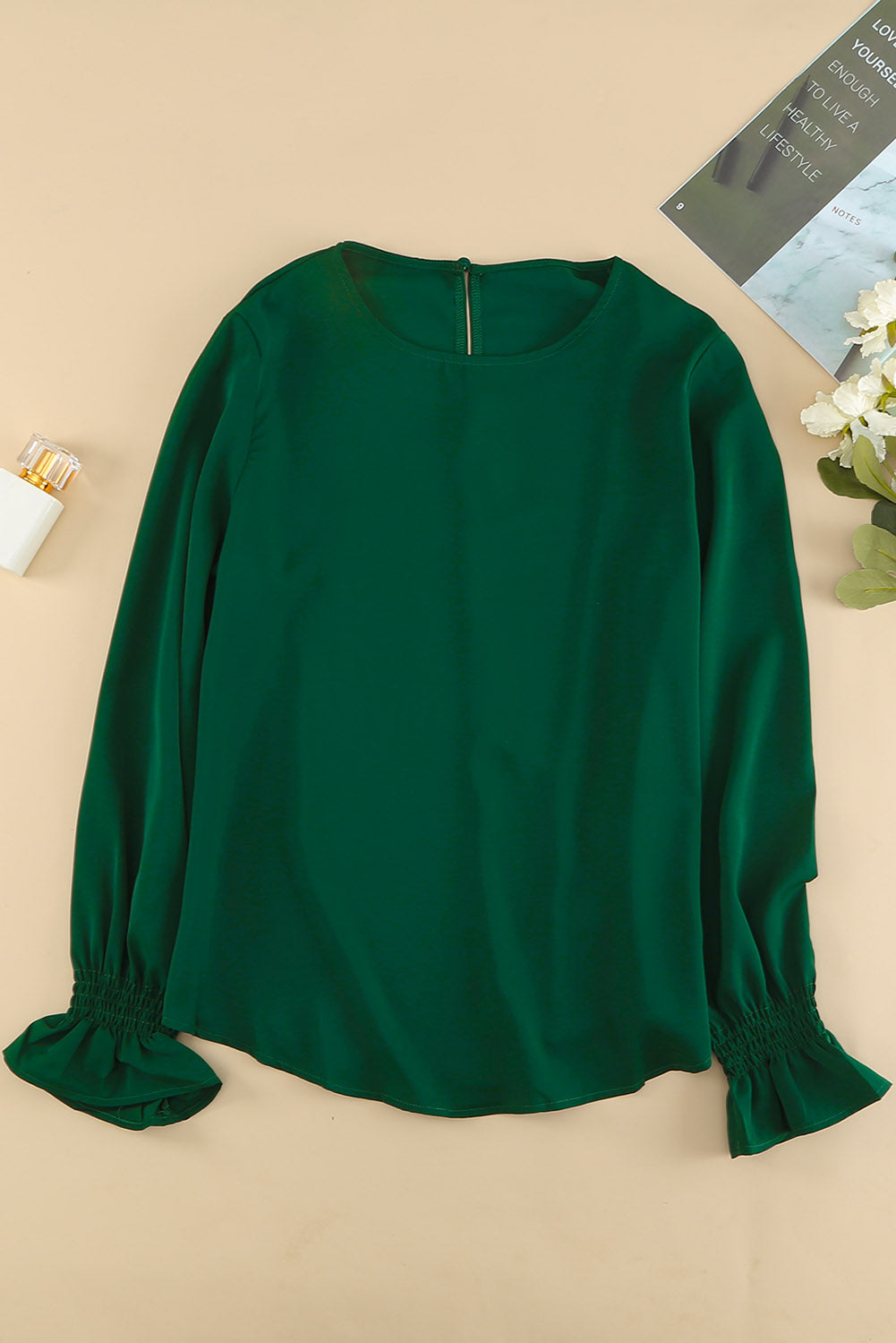 Solid Color Long Sleeved T shirt Women Spring Autumn round Neck Pullover Ruffled Puff Sleeve Top Women