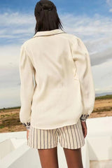 Women’s White Embroidered Texture Collared Long Sleeve Shirt Top