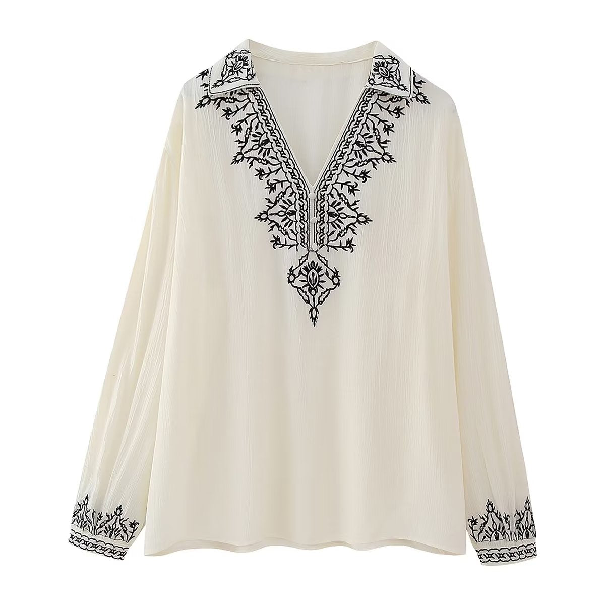 Women’s White Embroidered Texture Collared Long Sleeve Shirt Top