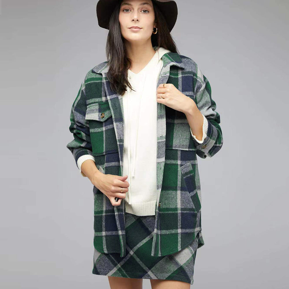 Popular Contrast Color Lapels Plaid Top Autumn Winter Casual Plaid Shacket