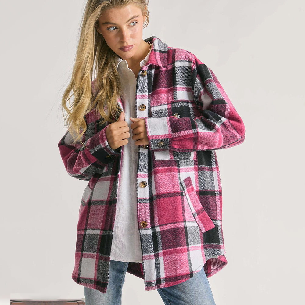 Popular Contrast Color Lapels Plaid Top Autumn Winter Casual Plaid Shacket