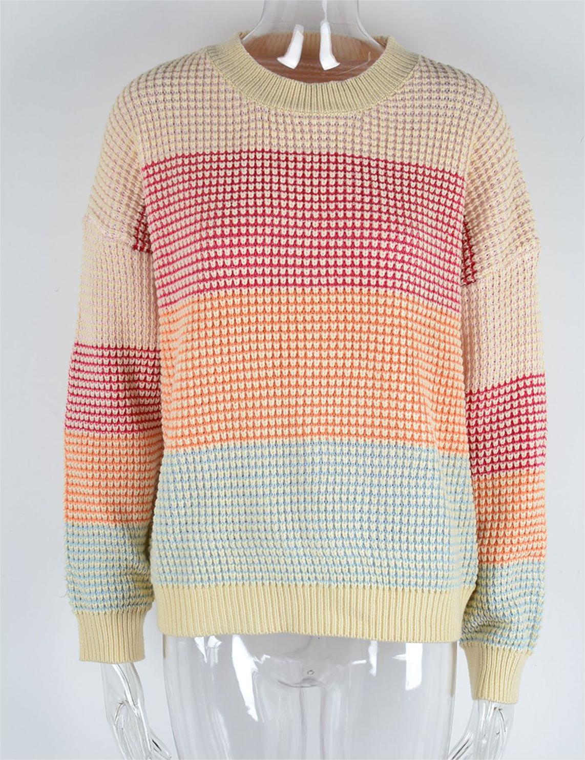 Autumn Casual Sweater: Loose Crew Neck Color Knitwear Top – Color Block