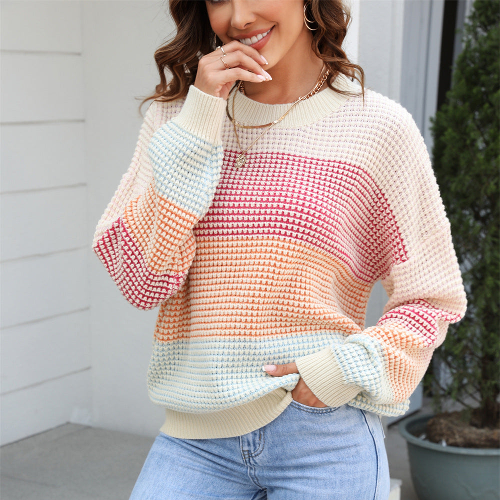 Autumn Casual Sweater: Loose Crew Neck Color Knitwear Top – Color Block