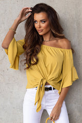 off Neck Chiffon Shirt Women Summer Solid Color Three Quarter Length Sleeve Lace up Pullover Top