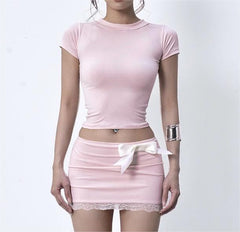 Summer Round Neck Short Sleeve Top Low Waist Hip Wrapped Short Skirt Casual Suit Women