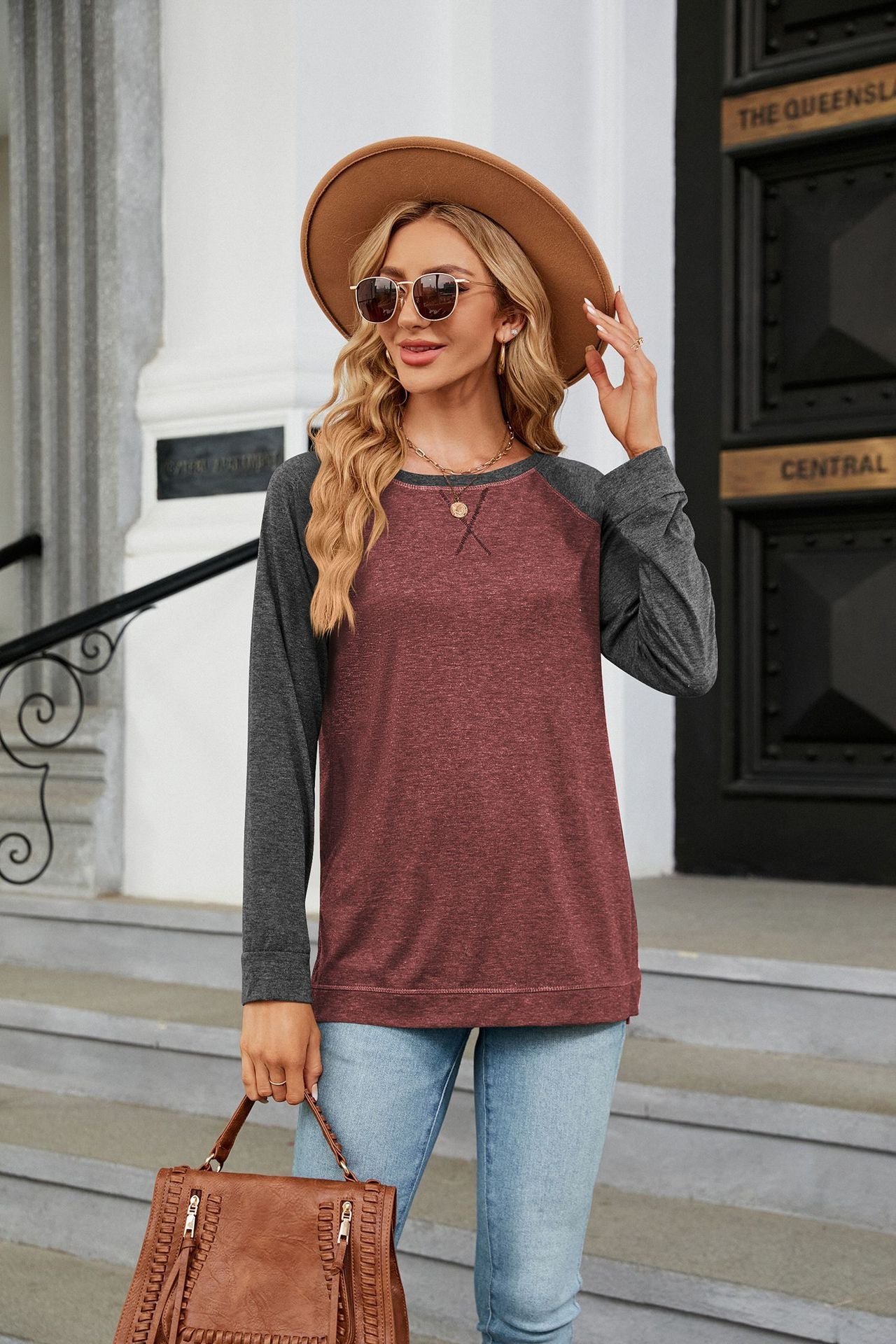 Autumn Winter round Neck Contrast Color Loose Long-Sleeved T-shirt Split Top Women