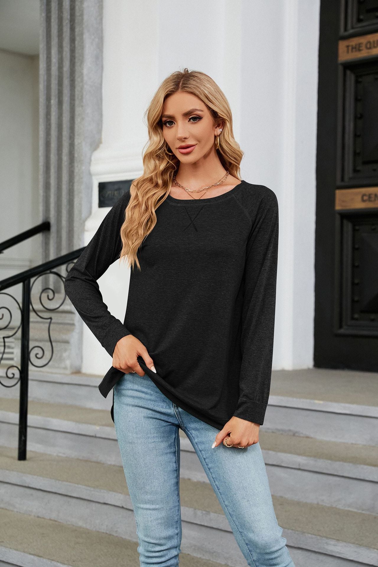 Autumn Winter round Neck Contrast Color Loose Long-Sleeved T-shirt Split Top Women