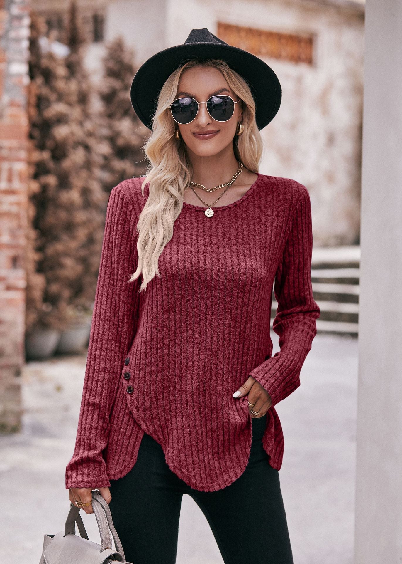 Women round-Neck Sunken Stripe Brushed Solid Color Top Long Sleeve Button T-shirt