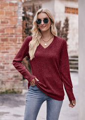 Women’s Brushed Sunken Stripe V-neck Long-Sleeved Solid Color Top