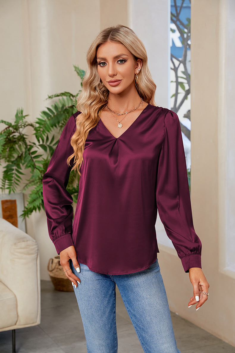 Women Satin Pleated Long Sleeved Top V Neck Casual Loose Work Office Satin Shirt