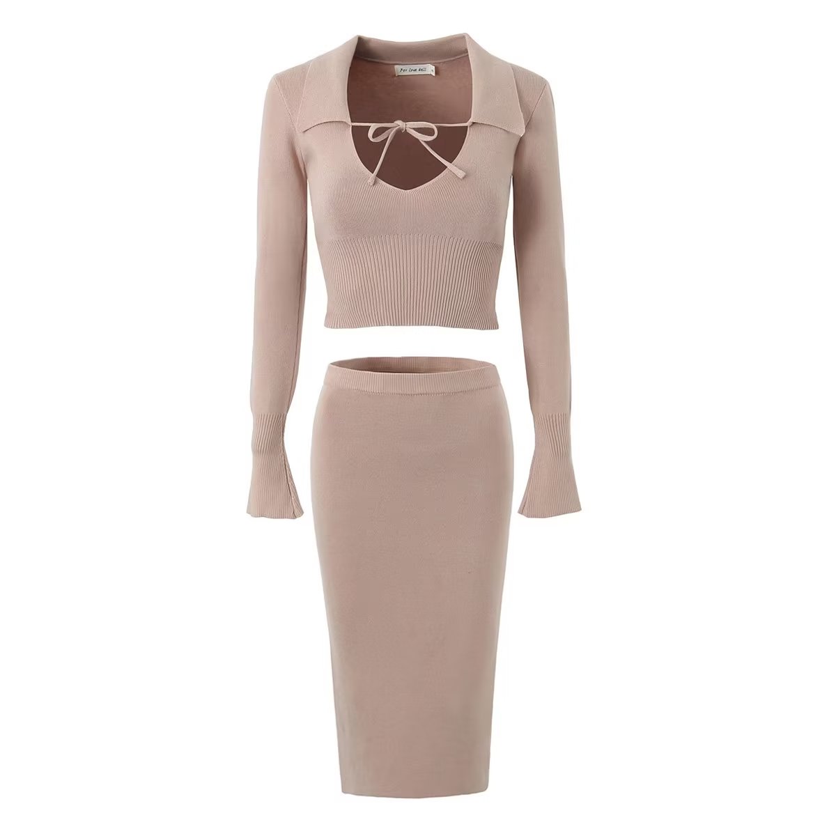 Women’s French Knitted Lace-Up V-Neck Long Sleeve Top and High Waist Skirt Set