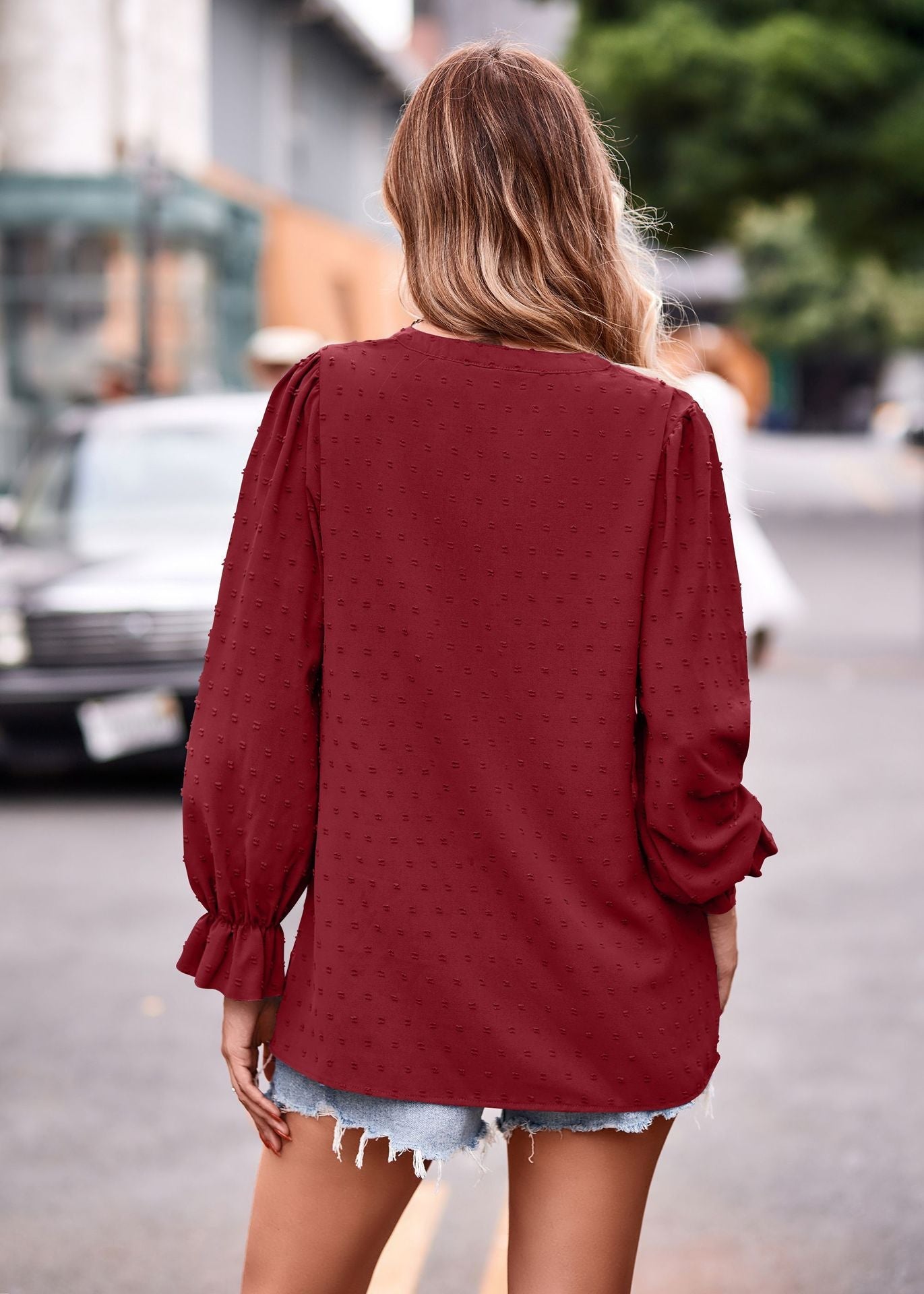 Fall Women Clothing Jacquard T shirt V neck Loose Long Sleeve Umbrella Sleeve Top