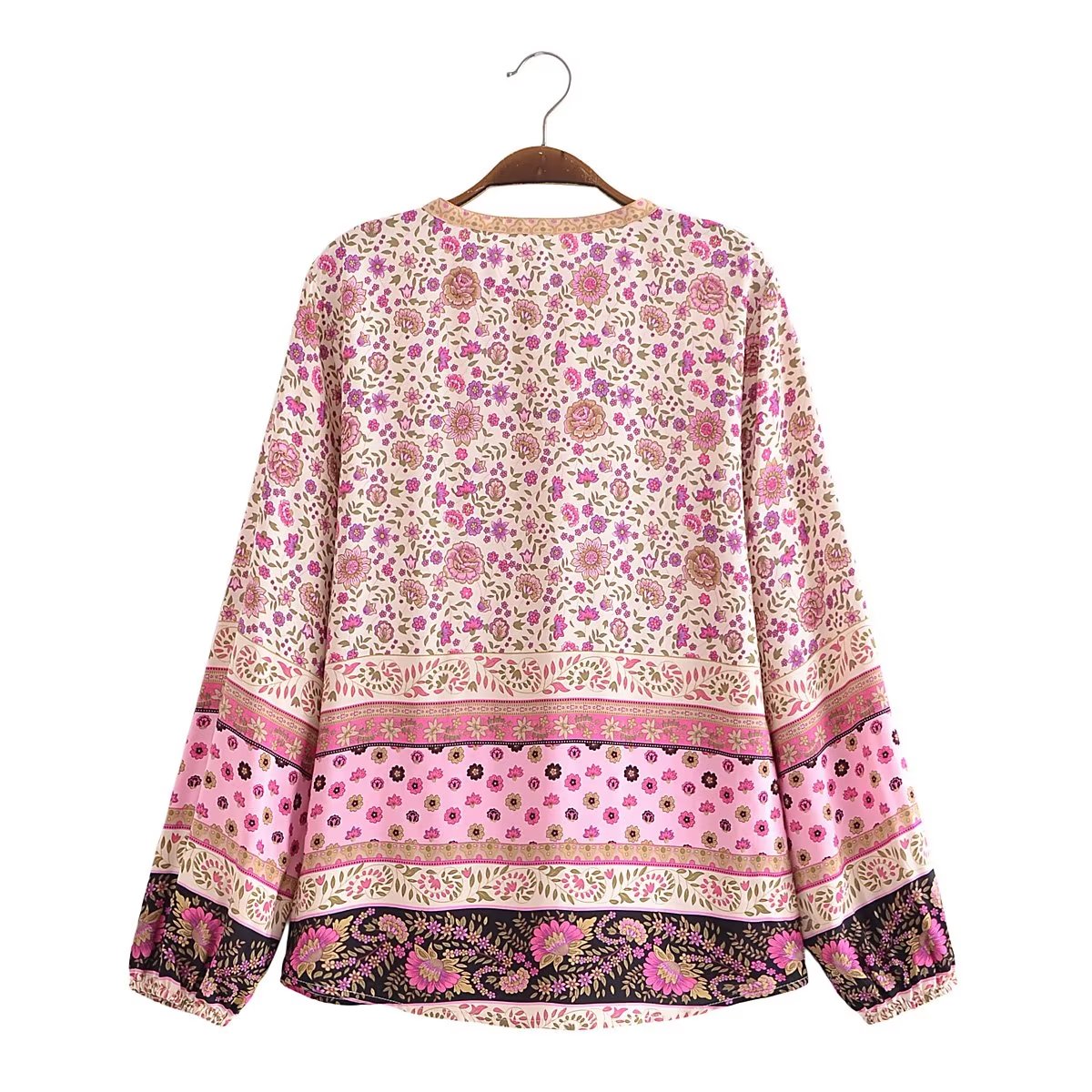 Watermark Positioning Flower Collarless Long Sleeved Shirt