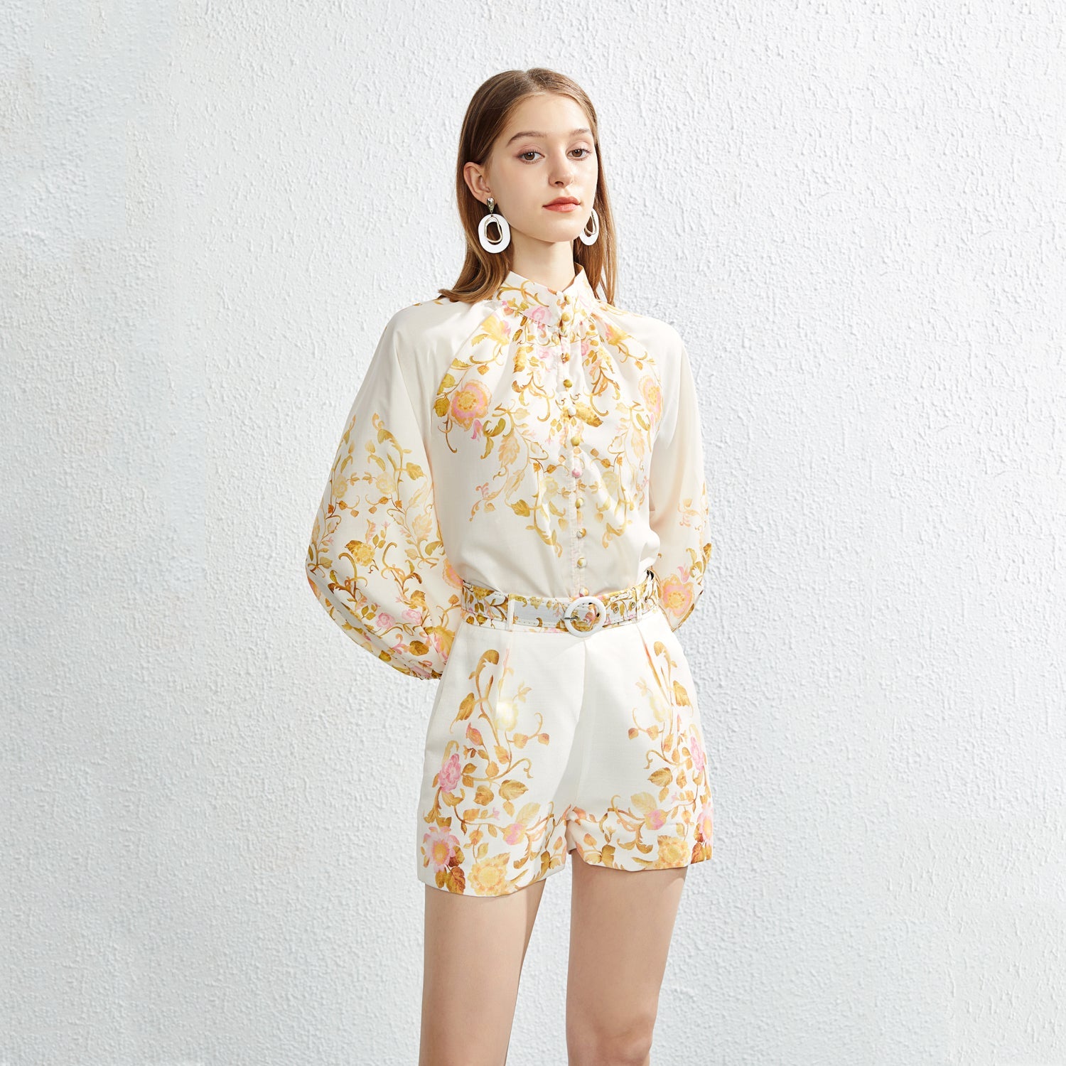 Women  Summer New Two Piece Single breasted Positioning Printed Collar Shirt Top Shorts with Belt