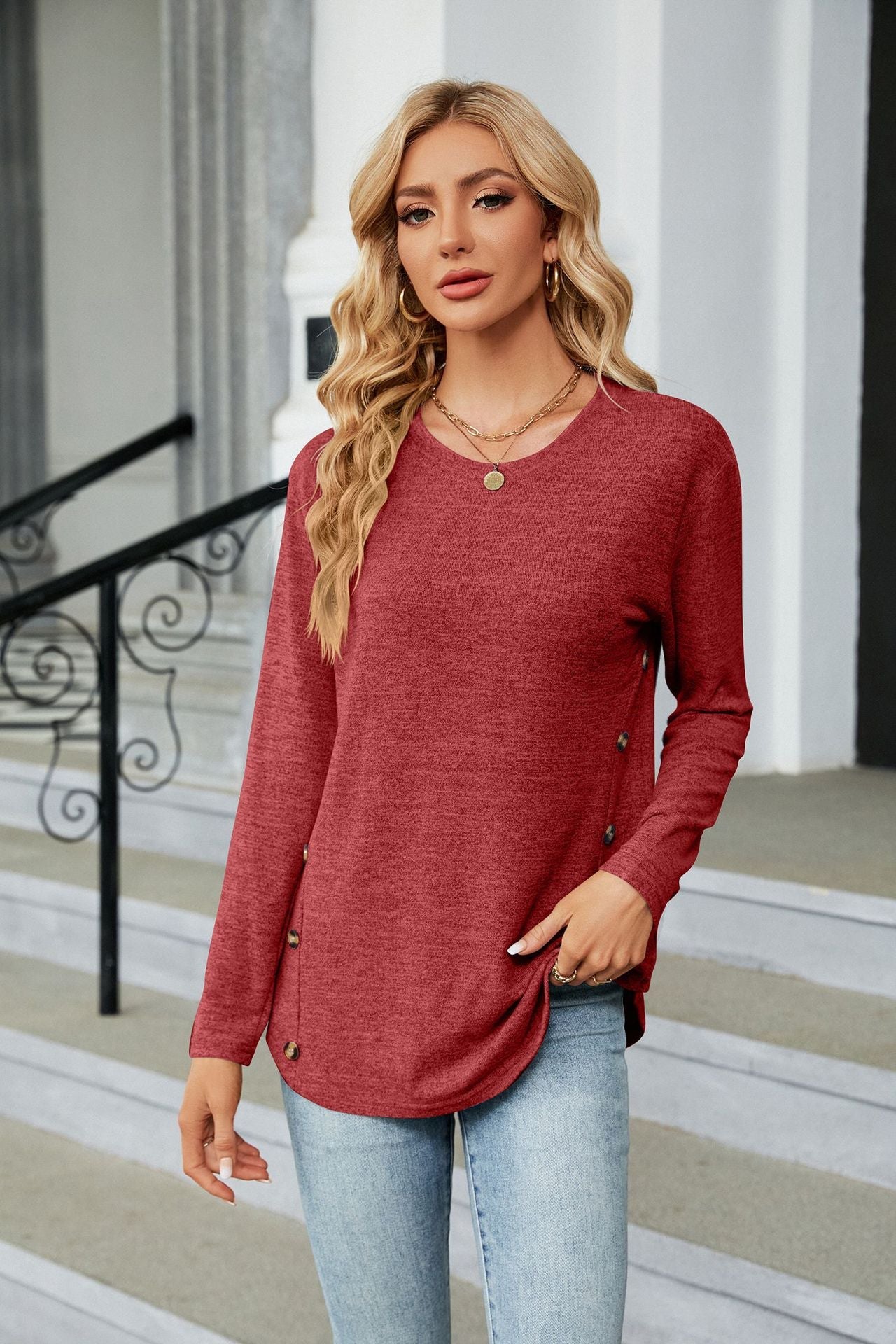 Women Clothing Autumn Winter round Neck Long Sleeve Loose Button T shirt Top Women