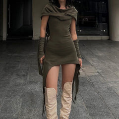 Gothic Dune Doomsday Pile Collar Hooded Dress with Irregular Asymmetric Ribbon Stitching and Oversleeve Hip