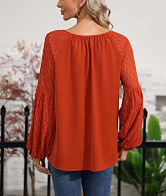 Women Clothing Round Neck Long Sleeve Lace Stitching Lace Loose T Shirt