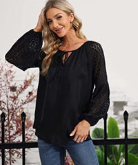 Women Clothing Round Neck Long Sleeve Lace Stitching Lace Loose T Shirt