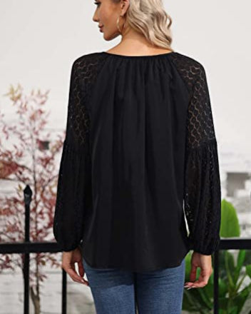 Women Clothing Round Neck Long Sleeve Lace Stitching Lace Loose T Shirt