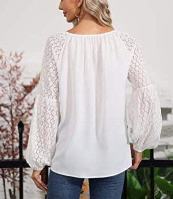 Women Clothing Round Neck Long Sleeve Lace Stitching Lace Loose T Shirt