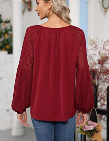 Women Clothing Round Neck Long Sleeve Lace Stitching Lace Loose T Shirt