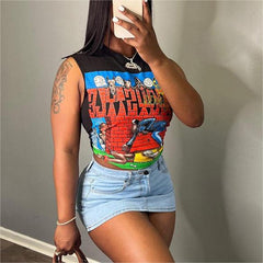 Summer Women Collection Sexy Cartoon Print Short Slim Fit Sleeveless Top