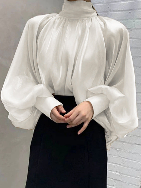 Urban Black&White Puff Sleeves High-Neck Blouse