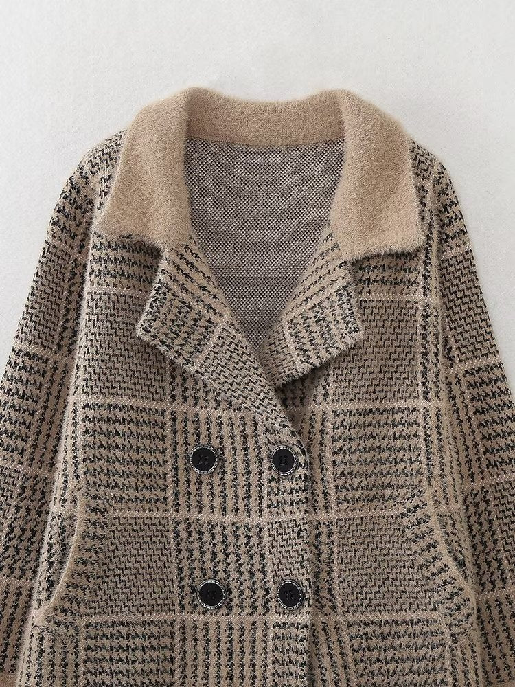 Autumn Winter Korean Loose Square Plaid Thick Mid Length Cardigan Sweater Coat Women Coat