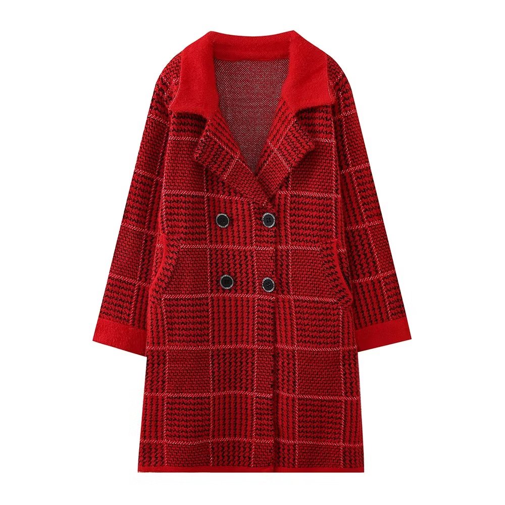 Autumn Winter Korean Loose Square Plaid Thick Mid Length Cardigan Sweater Coat Women Coat