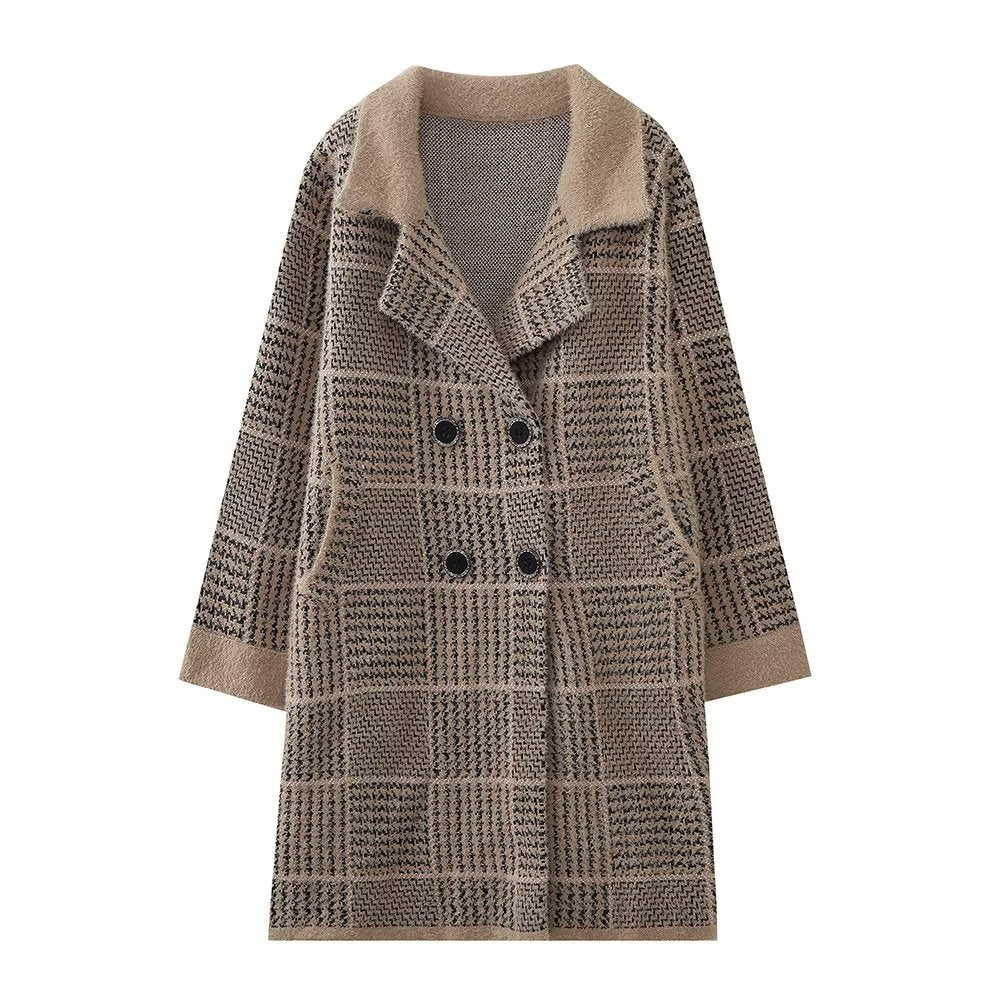 Autumn Winter Korean Loose Square Plaid Thick Mid Length Cardigan Sweater Coat Women Coat