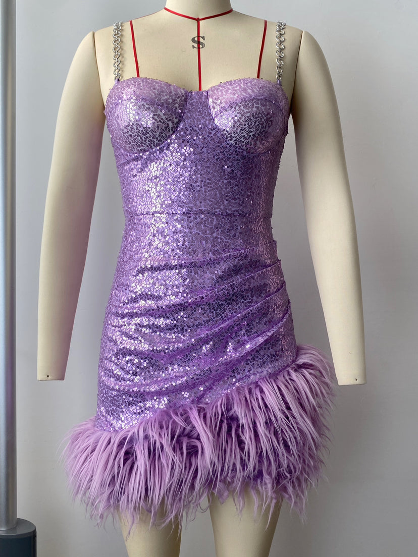 Women’s Purple Sequin Slip Dress with Artificial Fur Belt – Sexy Tight One Step Dress