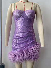 Women’s Purple Sequin Slip Dress with Artificial Fur Belt – Sexy Tight One Step Dress