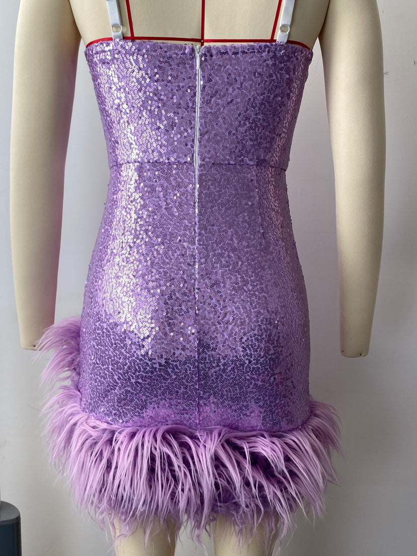 Women’s Purple Sequin Slip Dress with Artificial Fur Belt – Sexy Tight One Step Dress