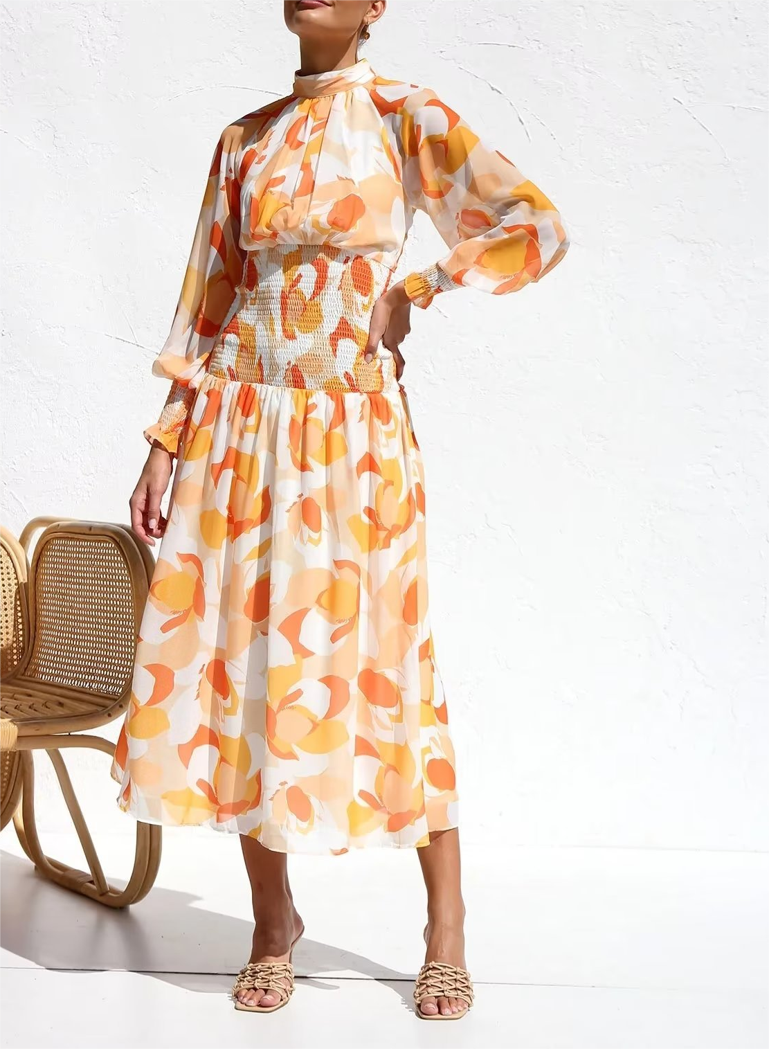 Autumn Winter Printed Long Sleeve Dress with Elastic Waist – Close up Design