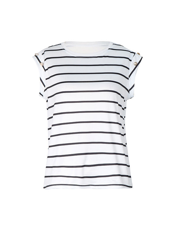 Loose Short Sleeves Split-Joint Striped Round-Neck T-Shirts