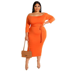 Plus Size Women Clothing Summer New Solid Color off-the-Neck Dress