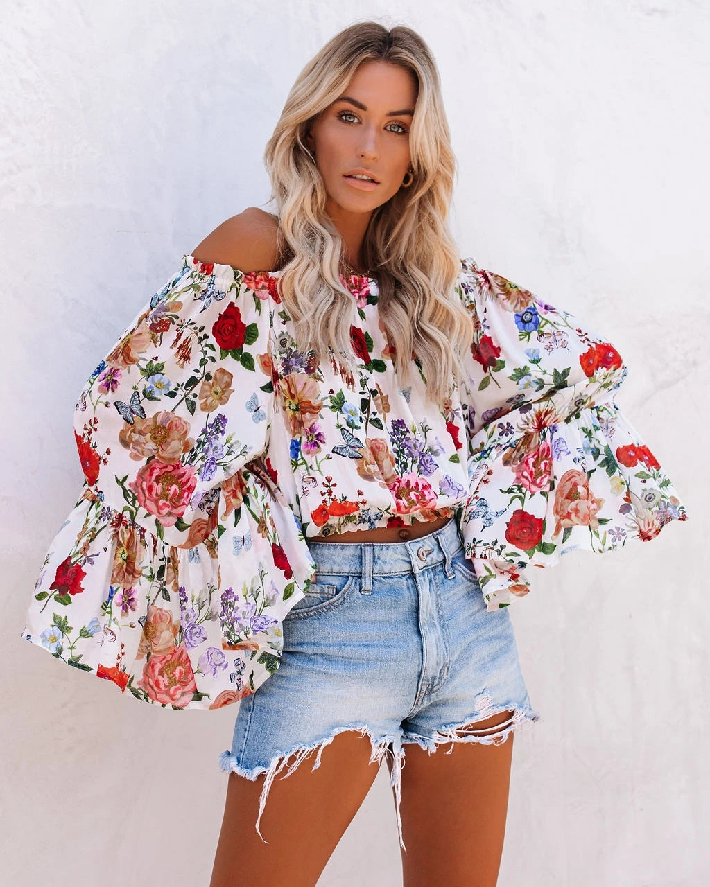 Women  Spring and Summer New Printed Shoulder Trumpet Sleeve High Waist All match Top