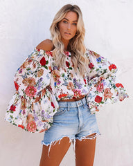 Women  Spring and Summer New Printed Shoulder Trumpet Sleeve High Waist All match Top