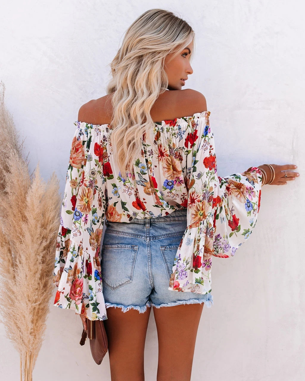 Women  Spring and Summer New Printed Shoulder Trumpet Sleeve High Waist All match Top