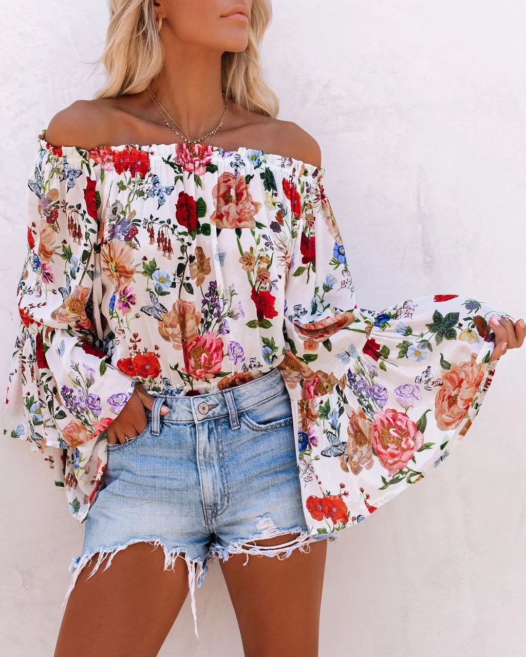 Women  Spring and Summer New Printed Shoulder Trumpet Sleeve High Waist All match Top