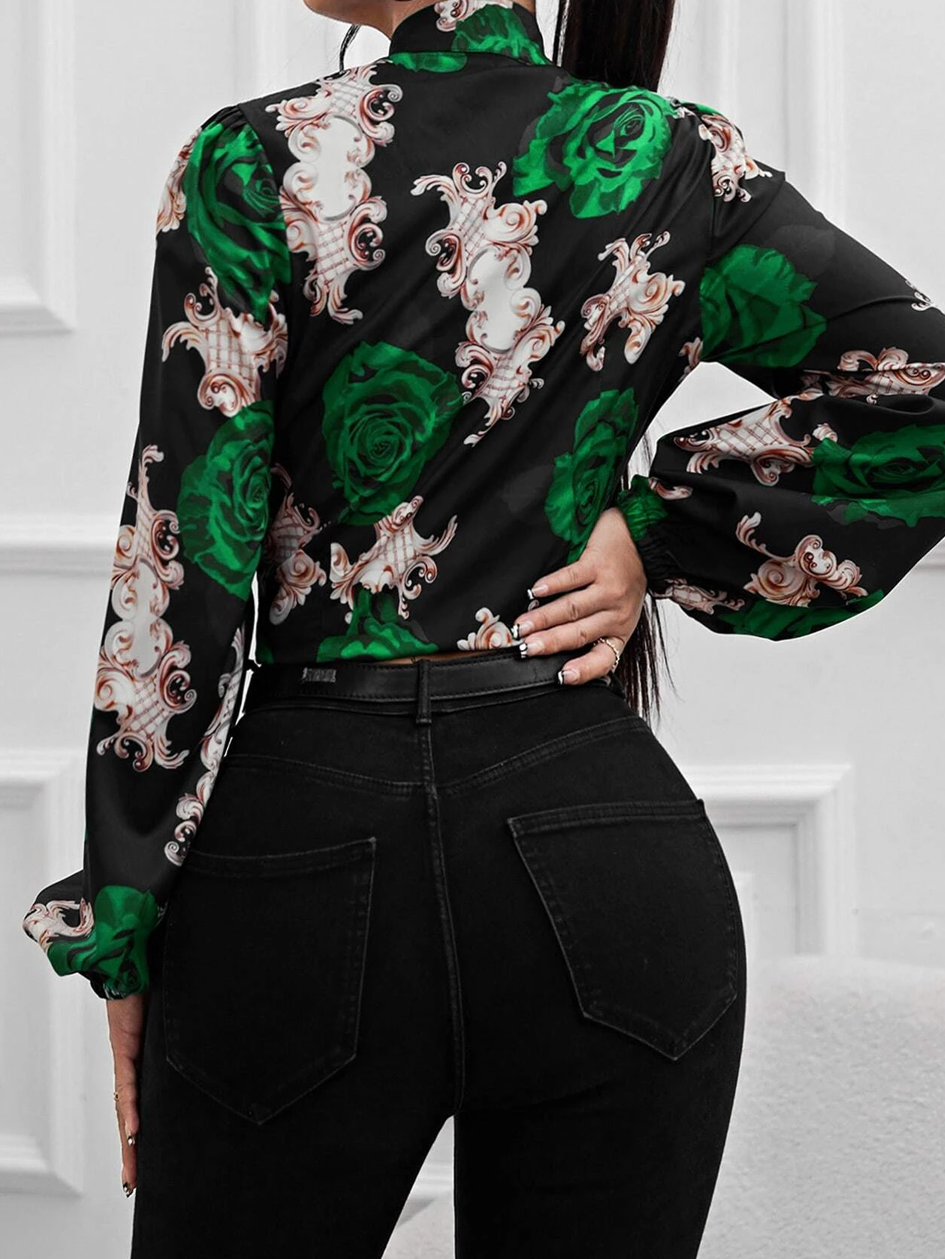 Women  Spring and Summer New Flower Print Ribbon Strap Long Sleeve High Waist Top