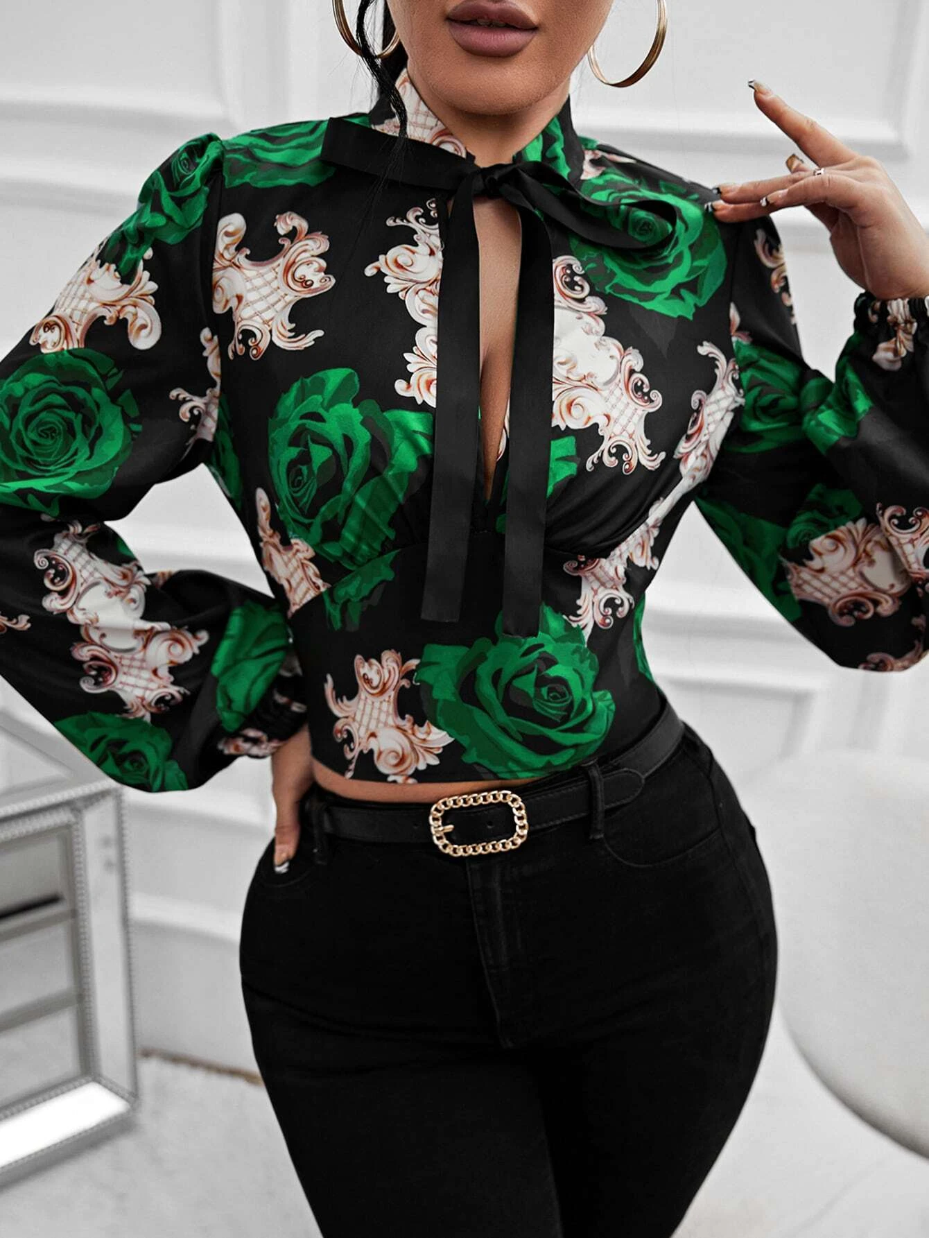 Women  Spring and Summer New Flower Print Ribbon Strap Long Sleeve High Waist Top