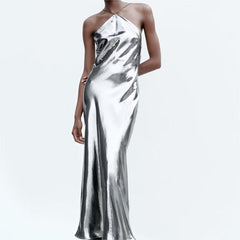 Metallic Coated Fabric Cold Shoulder Sleeveless Dress with Bright Metal Hanging Collar