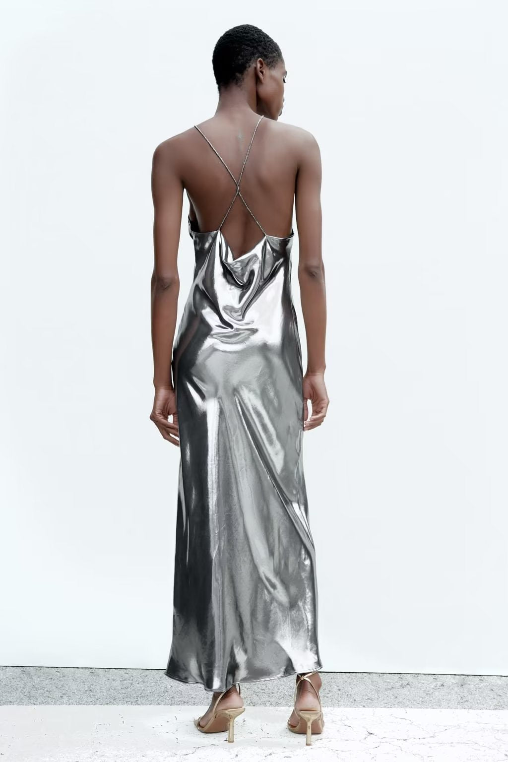 Metallic Coated Fabric Cold Shoulder Sleeveless Dress with Bright Metal Hanging Collar