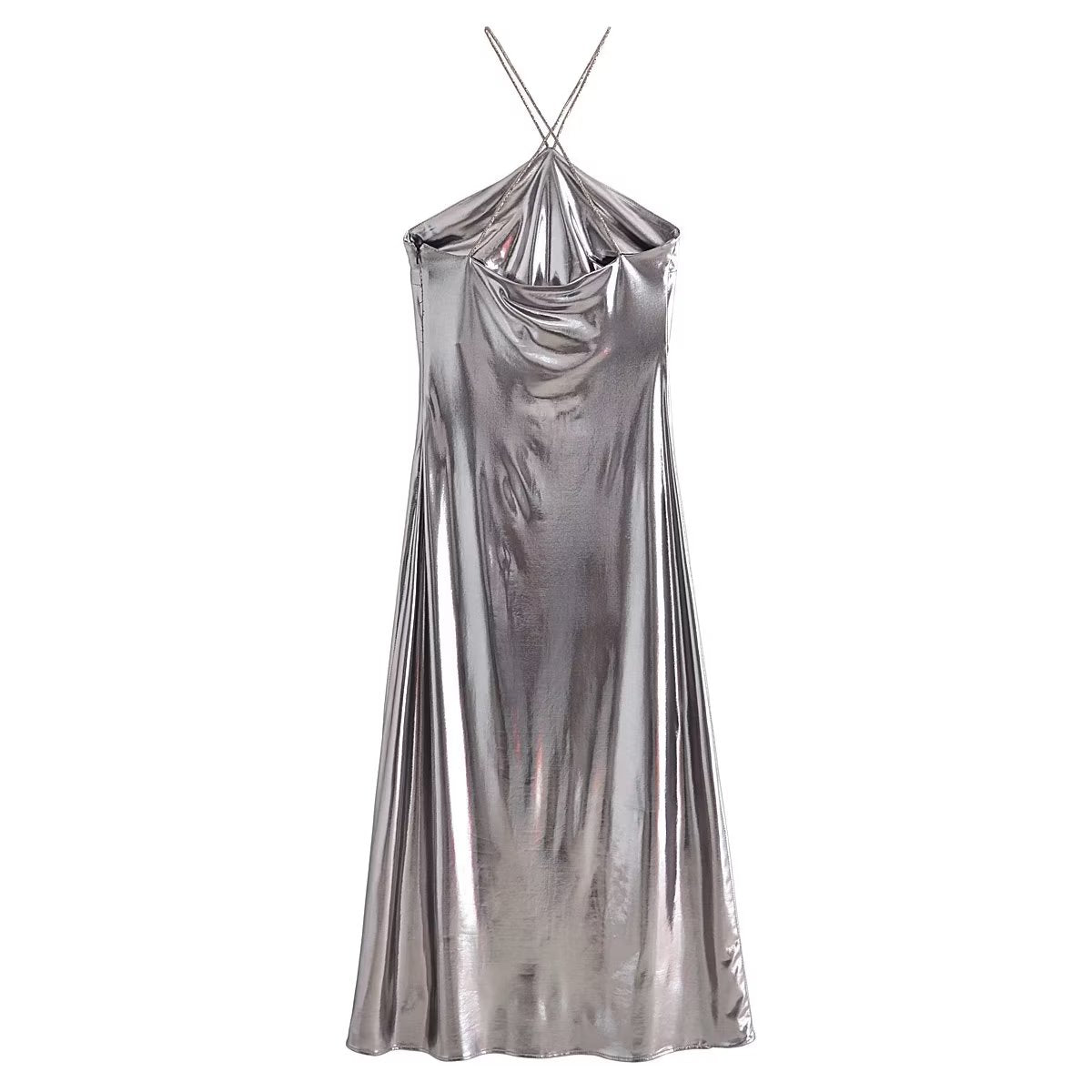 Metallic Coated Fabric Cold Shoulder Sleeveless Dress with Bright Metal Hanging Collar