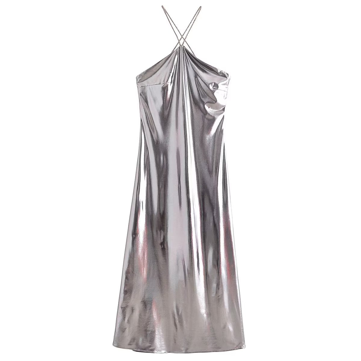 Metallic Coated Fabric Cold Shoulder Sleeveless Dress with Bright Metal Hanging Collar